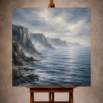 Misty blue Sea Wall Art print featuring distant weathered coastal cliffs above tranquil blue-gray waters for refined interiors