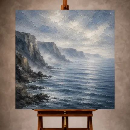 Misty blue Sea Wall Art print featuring distant weathered coastal cliffs above tranquil blue-gray waters for refined interiors