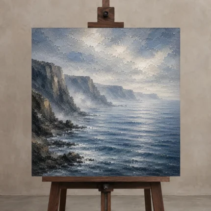Misty Coastal Cliffs Sea Wall Art Canvas Print displayed on a studio easel