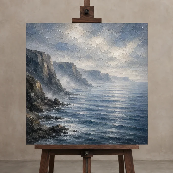 Misty Coastal Cliffs Sea Wall Art Canvas Print displayed on a studio easel