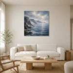 Misty Coastal Cliffs Sea Wall Art Canvas Print styled in a refined neutral interior