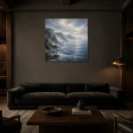 Misty Coastal Cliffs Sea Wall Art Canvas Print shown in a warm modern interior