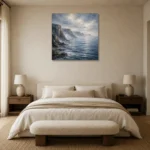 Misty Coastal Cliffs Sea Wall Art Canvas Print showcased in an elegant minimalist interior