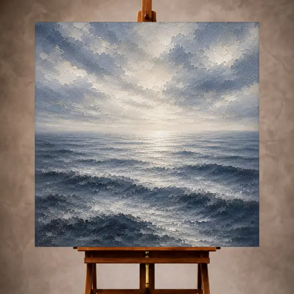 Premium Wall Art Kare Html Edition – SEAWALL079 Image 1 Serene blue Sea Wall Art print featuring broad rhythmic ocean swells and a peaceful ivory horizon for elegant coastal interiors