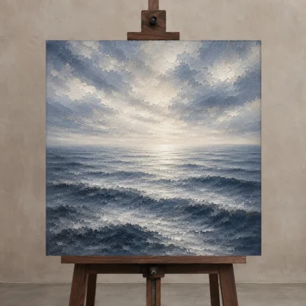 Serene Open Sea Wall Art Canvas Print displayed on a studio easel