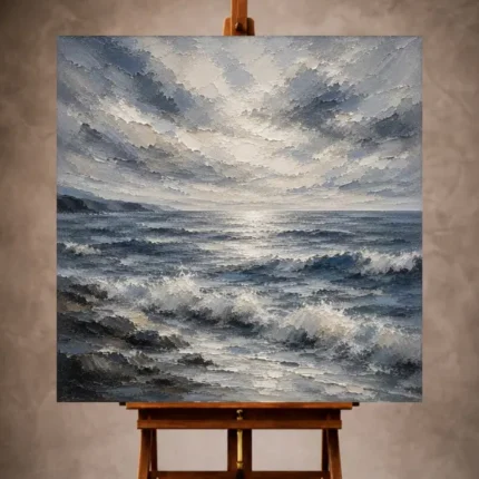 Abstract blue Sea Wall Art print featuring textured waves, luminous sea foam, and layered coastal skies for elegant interiors