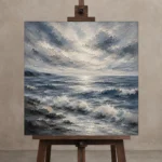 Abstract Blue Coastal Sea Wall Art Canvas Print displayed on a studio easel