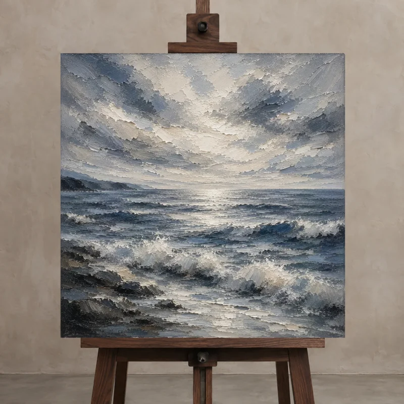 Abstract Blue Coastal Sea Wall Art Canvas Print displayed on a studio easel