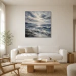 Abstract Blue Coastal Sea Wall Art Canvas Print styled in a refined neutral interior