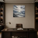 Abstract Blue Coastal Sea Wall Art Canvas Print displayed in a contemporary gallery-inspired room