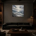 Abstract Blue Coastal Sea Wall Art Canvas Print shown in a warm modern interior