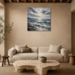 Abstract Blue Coastal Sea Wall Art Canvas Print presented in a sophisticated home setting