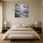 Abstract Blue Coastal Sea Wall Art Canvas Print showcased in an elegant minimalist interior
