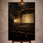 Amber and charcoal Classic Cinema Wall Art print featuring a glowing vintage movie theater for elegant interiors