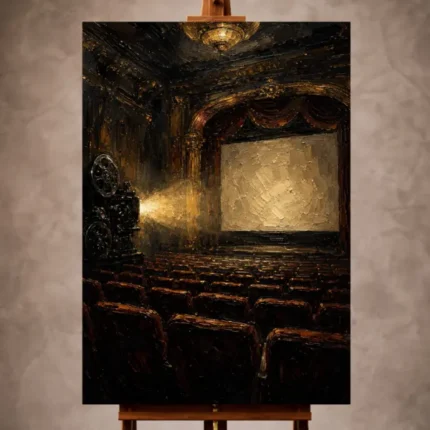 Amber and charcoal Classic Cinema Wall Art print featuring a glowing vintage movie theater for elegant interiors