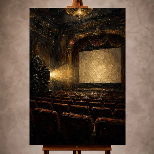 Premium Wall Art Dikey Html Edition – THECİNEMAGARA006 Image 1 Amber and charcoal Classic Cinema Wall Art print featuring a glowing vintage movie theater for elegant interiors