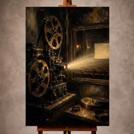 Amber and bronze Classic Cinema Wall Art print featuring an antique film projector and brass reels for elegant interiors