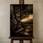 Antique Projection Booth Classic Cinema Wall Art Canvas Print displayed on a studio easel