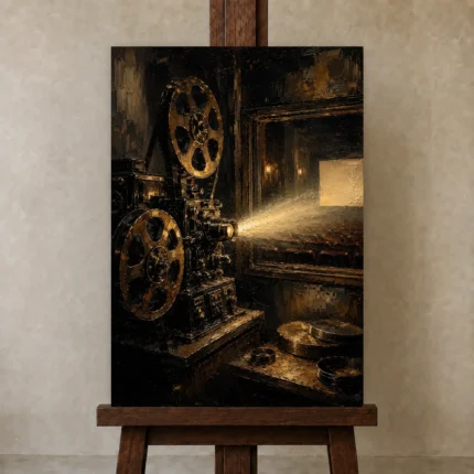 Antique Projection Booth Classic Cinema Wall Art Canvas Print shown in Studio Easel