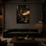 Antique Projection Booth Classic Cinema Wall Art Canvas Print shown in a warm modern interior