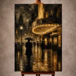 Black and amber Classic Cinema Wall Art print featuring a rainlit vintage cinema street with umbrella silhouettes for elegant interiors