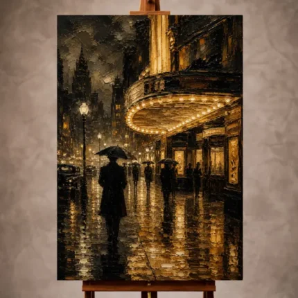 Black and amber Classic Cinema Wall Art print featuring a rainlit vintage cinema street with umbrella silhouettes for elegant interiors
