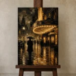 Rainlit Noir Cinema Street Wall Art Canvas Print displayed on a studio easel