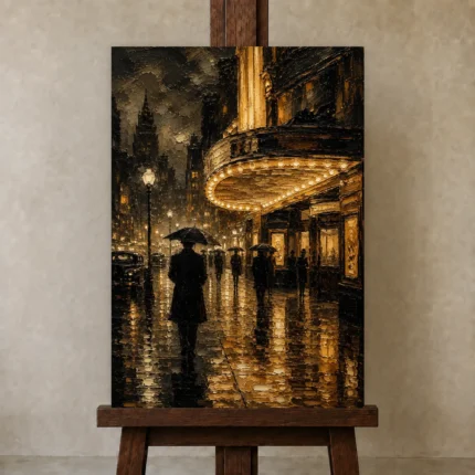 Rainlit Noir Cinema Street Wall Art Canvas Print shown in Studio Easel