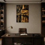 Rainlit Noir Cinema Street Wall Art Canvas Print displayed in a contemporary gallery-inspired room