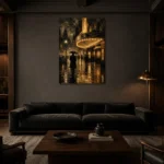 Rainlit Noir Cinema Street Wall Art Canvas Print shown in a warm modern interior