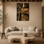 Rainlit Noir Cinema Street Wall Art Canvas Print presented in a sophisticated home setting