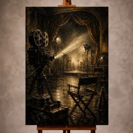 Black and antique brass Classic Cinema Wall Art print featuring a vintage film studio with cameras and spotlights for elegant interiors