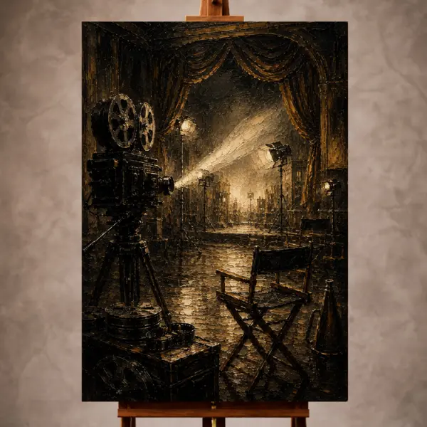 Premium Wall Art Dikey Html Edition – THECİNEMAGARA009 Image 1 Black and antique brass Classic Cinema Wall Art print featuring a vintage film studio with cameras and spotlights for elegant interiors