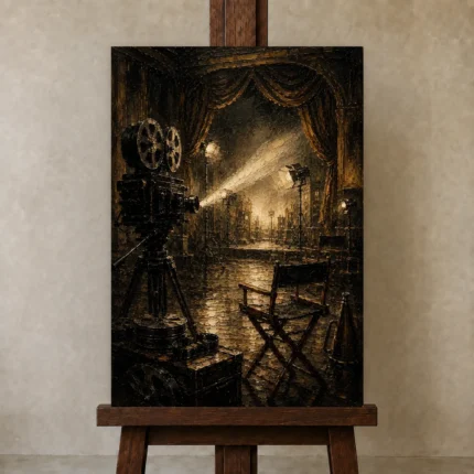 Antique Brass Film Studio Classic Cinema Wall Art Canvas Print shown in Studio Easel