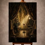 Black and amber Classic Cinema Wall Art print featuring velvet curtains, antique film reels, and vintage microphones for elegant interiors