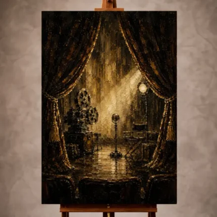 Black and amber Classic Cinema Wall Art print featuring velvet curtains, antique film reels, and vintage microphones for elegant interiors