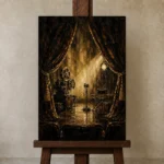 Velvet Curtain Cinema Stage Wall Art Canvas Print displayed on a studio easel