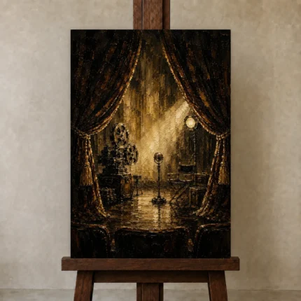 Velvet Curtain Cinema Stage Wall Art Canvas Print shown in Studio Easel