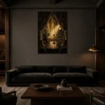 Velvet Curtain Cinema Stage Wall Art Canvas Print shown in a warm modern interior