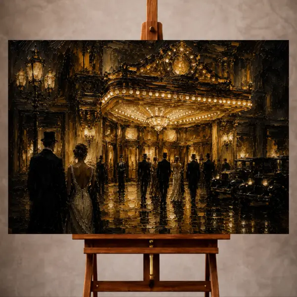 Premium Wall Art Yatay Html Edition – THECİNEMAGARA011 Image 1 Black and amber Classic Cinema Wall Art print featuring a glowing vintage movie palace and elegant arriving guests for refined interiors