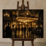 Amber Marquee Movie Palace Classic Cinema Wall Art Canvas Print displayed on a studio easel