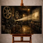 Black and bronze Classic Cinema Wall Art print featuring vintage brass projectors and oversized film reels for elegant interiors