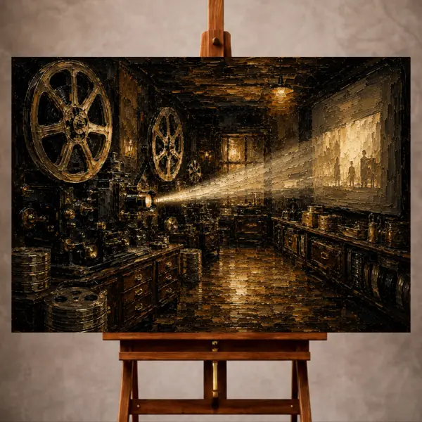 Premium Wall Art Yatay Html Edition – THECİNEMAGARA012 Image 1 Black and bronze Classic Cinema Wall Art print featuring vintage brass projectors and oversized film reels for elegant interiors