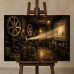 Bronze Projection Room Classic Cinema Wall Art Canvas Print displayed on a studio easel