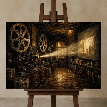 Bronze Projection Room Classic Cinema Wall Art Canvas Print shown in Studio Easel