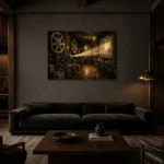 Bronze Projection Room Classic Cinema Wall Art Canvas Print shown in a warm modern interior