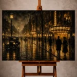 Black and amber Classic Cinema Wall Art print featuring a rainlit boulevard with vintage cinemas and automobiles for elegant interiors