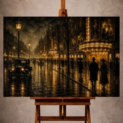 Black and amber Classic Cinema Wall Art print featuring a rainlit boulevard with vintage cinemas and automobiles for elegant interiors