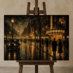 Rainlit Cinema Boulevard Classic Cinema Wall Art Canvas Print displayed on a studio easel