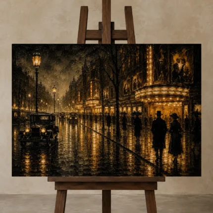 Rainlit Cinema Boulevard Classic Cinema Wall Art Canvas Print displayed on a studio easel